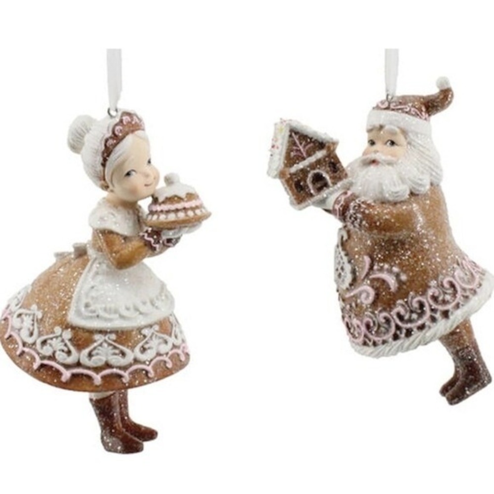 Neutral Tan Glittery Gingerbread Santa and‎ Mrs Claus Baker Christmas Ornaments